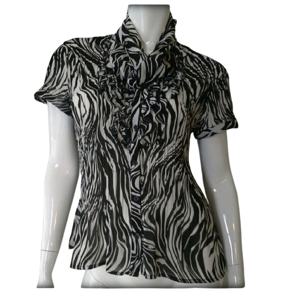 SUNNY LEIGH Animal Print Blouse Size L Career Black White Pleated Zebra Top